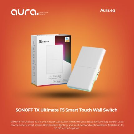 SONOFF TX Ultimate T5 is a smart touch wall switch with full touch access, eWeLink app control, voice control, timers, smart scenes, RGB ambient lighting, and multi-sensory touch feedback. Available in 1C, 2C, 3C, and 4C options for different lighting circuits.