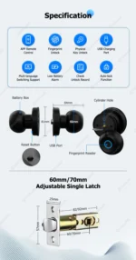 ⁦Catchface O2 Smart Knob Lock – قفل باب ذكي بالبصمة وتطبيق Tuya للأبواب الخشبية⁩ - الصورة ⁦3⁩