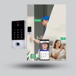 صورة توضح جهاز SIB VF1EM-W Access Control المزود بكاميرا مدمجة وتقنيات متعددة لفتح الباب مثل بصمة الإصبع، الكارت RFID، الرقم السري، بالإضافة إلى التحكم عبر تطبيق Tuya وSmart Life. يتميز الجهاز بخاصية الفيديو المباشر، الصوت ثنائي الاتجاه، والرؤية الليلية، مع تصميم مقاوم للماء بمعيار IP68 مما يجعله مثاليًا للاستخدام الخارجي في المنازل والشركات.