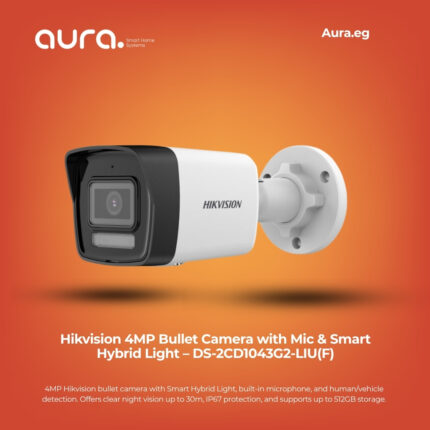4MP Hikvision bullet camera with Smart Hybrid Light, built-in microphone, and human/vehicle detection. Offers clear night vision up to 30m, IP67 protection, and supports up to 512GB storage.