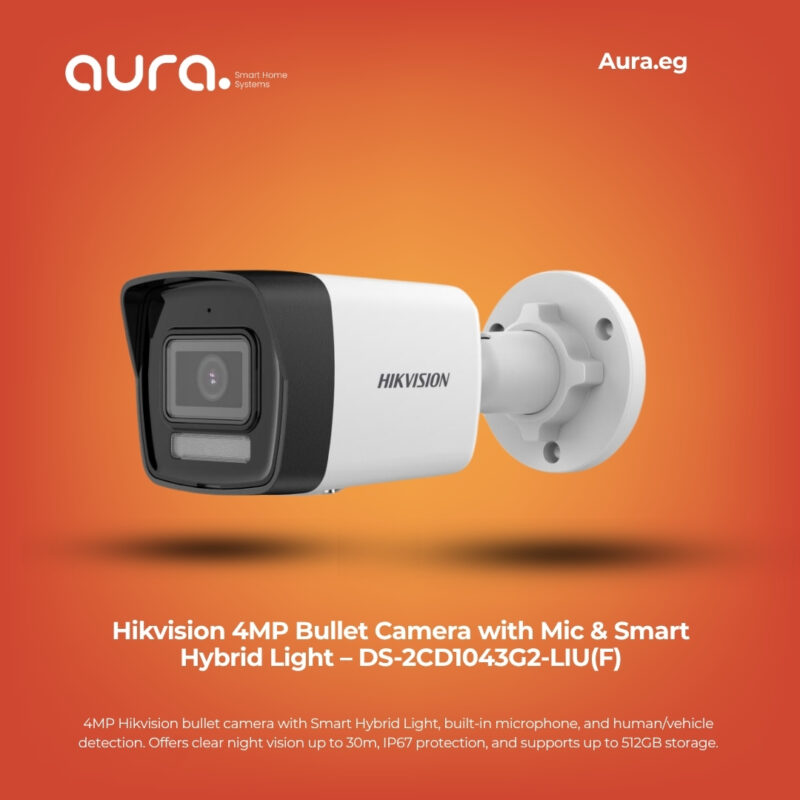 4MP Hikvision bullet camera with Smart Hybrid Light, built-in microphone, and human/vehicle detection. Offers clear night vision up to 30m, IP67 protection, and supports up to 512GB storage.