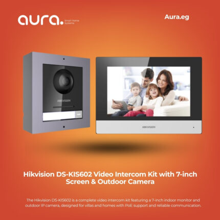 The Hikvision DS-KIS602 is a complete video intercom kit featuring a 7-inch indoor monitor and outdoor IP camera, designed for villas and homes with PoE support and reliable communication.